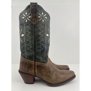 Laredo Passion Flower Boots 7.5 Brown Green Leather Silver Inlay Square Toe